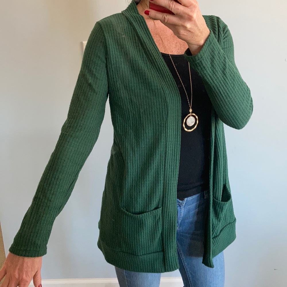 Green, Waffle Texture Long Sleeve Open Cardigan - Picture 4 of 8